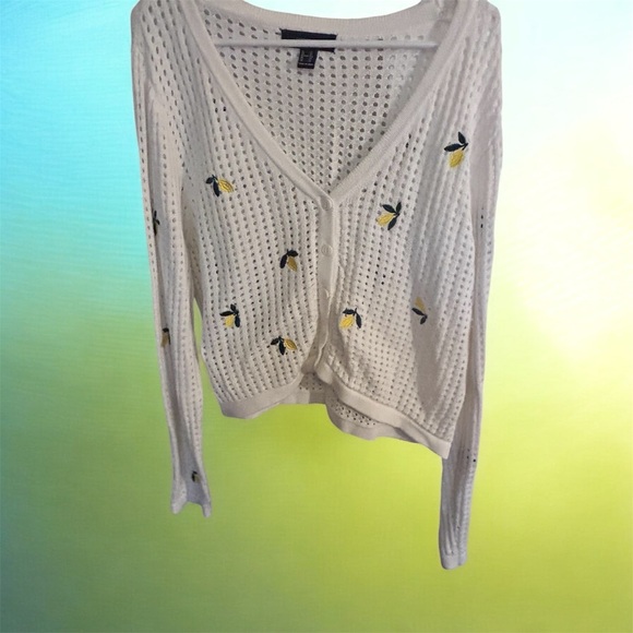 Forever 21 Sweaters - Forever 21 White 2x Knit Cardigan with Yellow and Green Embroidery